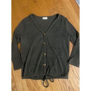 Free Kisses Ribbed Long-Sleeve Sweater Button Front & Tie Waist Olive Green sz M
